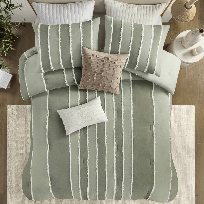 Édredon 3 pièces pour lit double / grand Sage - Rembourrage en coton à rayures alternées avec literie Bartacks visible 100% rayée avec machine blanche