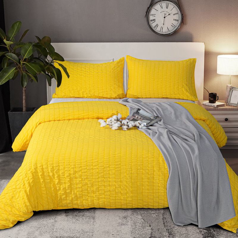 3 Pieces Duvet Cover Set, Stripe Washed Microfiber Comforter Cover with Zipper Closure - NTBAY, Yellow