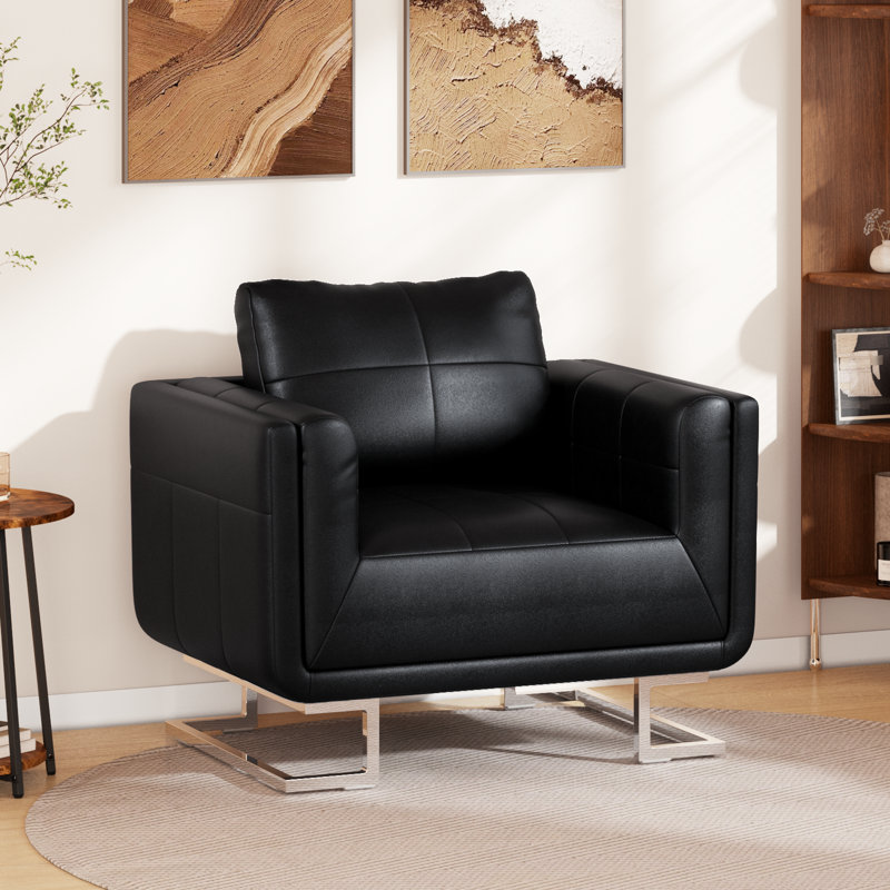 Braedyn Armchair Modern Lounge Chair Single Sofa with Chrome Feet Leather, Brown Genuine Leather