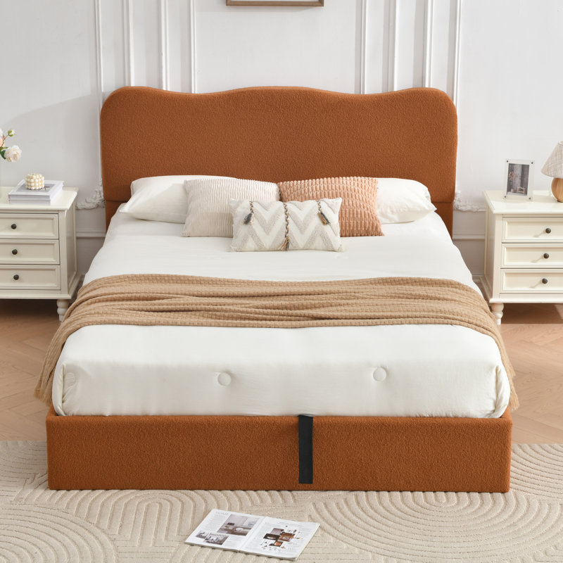 Lit plateforme tapissier Bensu Boucle, Double, Brun