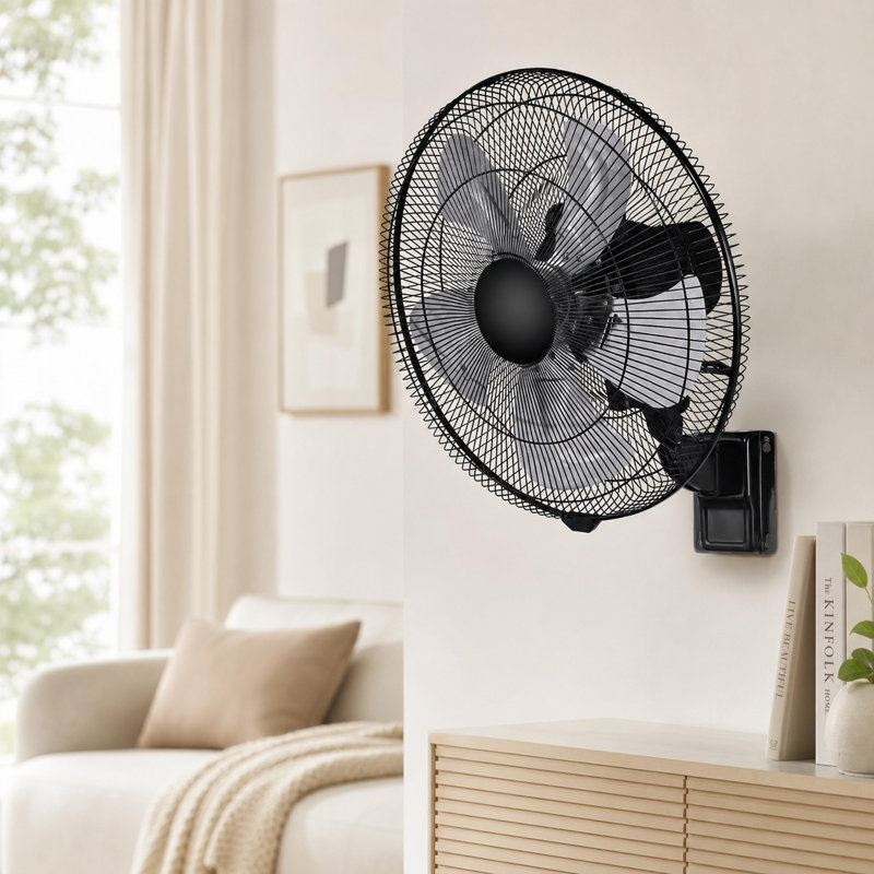 Ventilateur mural 18 po avec 5 vitesses et oscillation horizontale de 90 degrés, noir