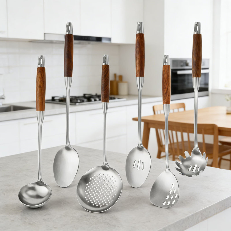 Ensemble d'ustensiles de cuisine 6 pièces en acier inoxydable avec poignée en bois résistant à la chaleur Professional