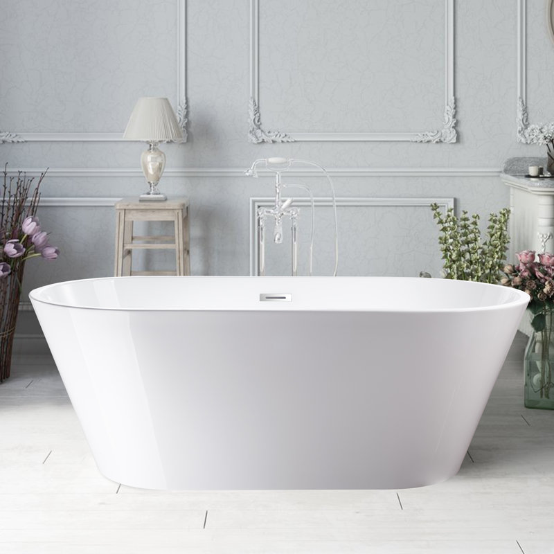 67'' x 32'' Freestanding Soaking Acrylic Bathtub, White/Polished Chrome