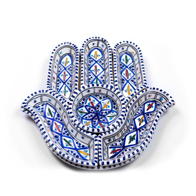 Dipper Handcrafted Bohemian Hamsa Ceramic Dipping and Serving Set - Versatile Mediterranean Decor, 2" H x 12" W x 12" D, Blue