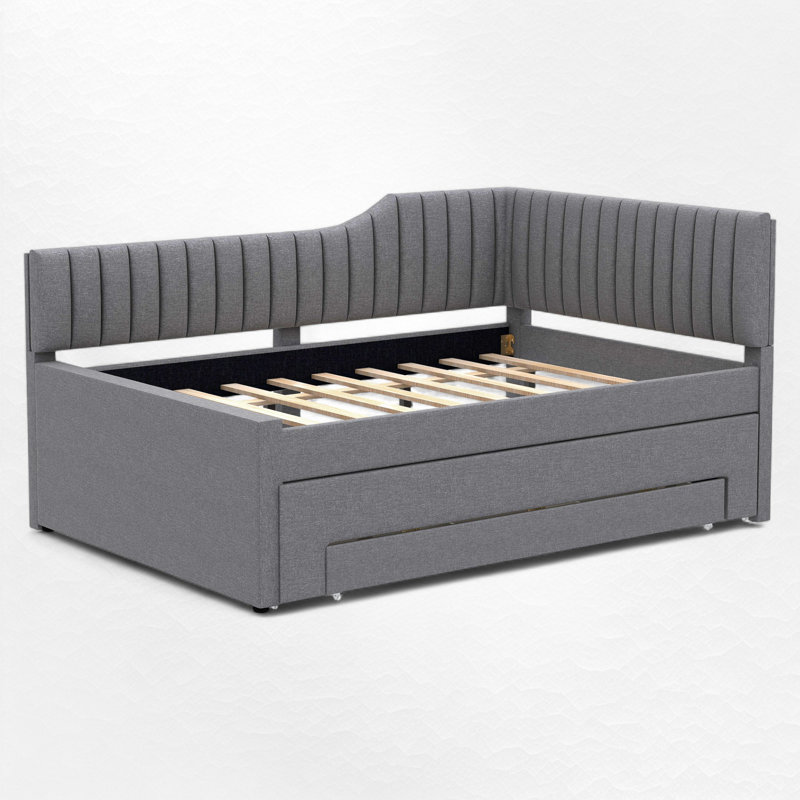 Upholstered Daybed With Trundle And Drawer, Gray, Full/Double