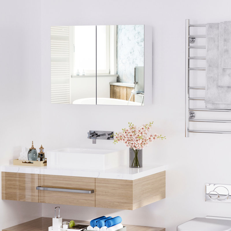 Armoire de salle de bain à double porte - 31,5 po x 23,5 po, décoration tendance, grand espace de rangement, fonctionnement silencieux avec charnières, miroir blanc avec tablettes réglables, style moderne, grand espace, charnières,