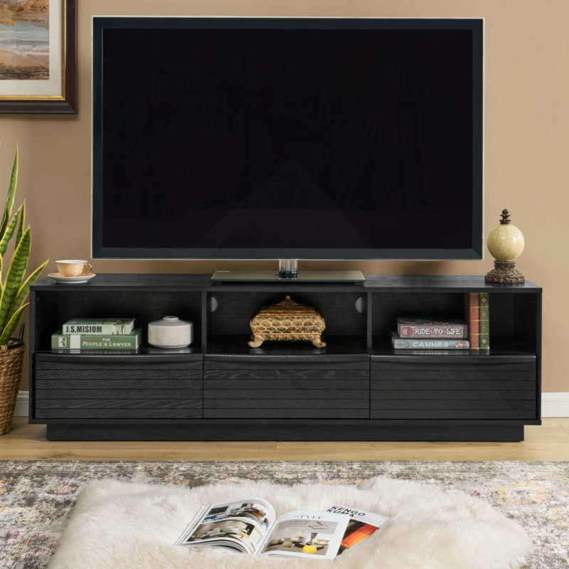 Mid-Century Modern TV Stand For Tvs Up To 75", Thick Sturdy Farmhouse Entertainment Cabinet, Media Console For Living Room, Louver Design & Solid Wood Drawers & Outlet Holes