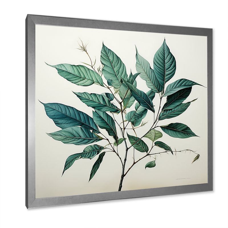 Impressions subtiles de feuilles bleu sarcelle, Cadre simple argenté, H 16 po x l 16 po x P 1 po