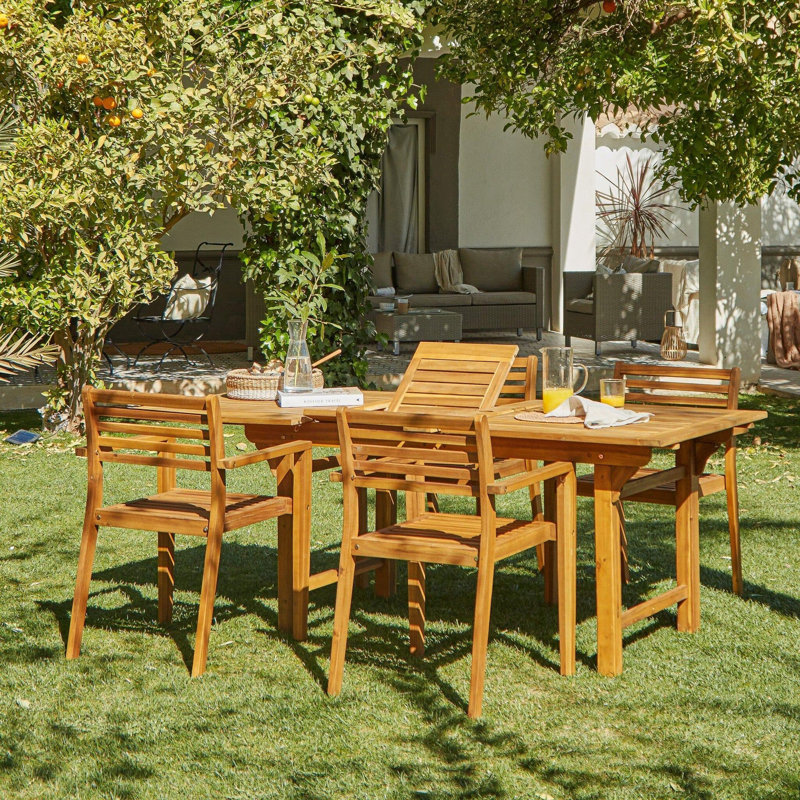 Sirmans 4 - Person Wood Patio Dining Set with Rectangular Table, Grey Umbrella No Cushions