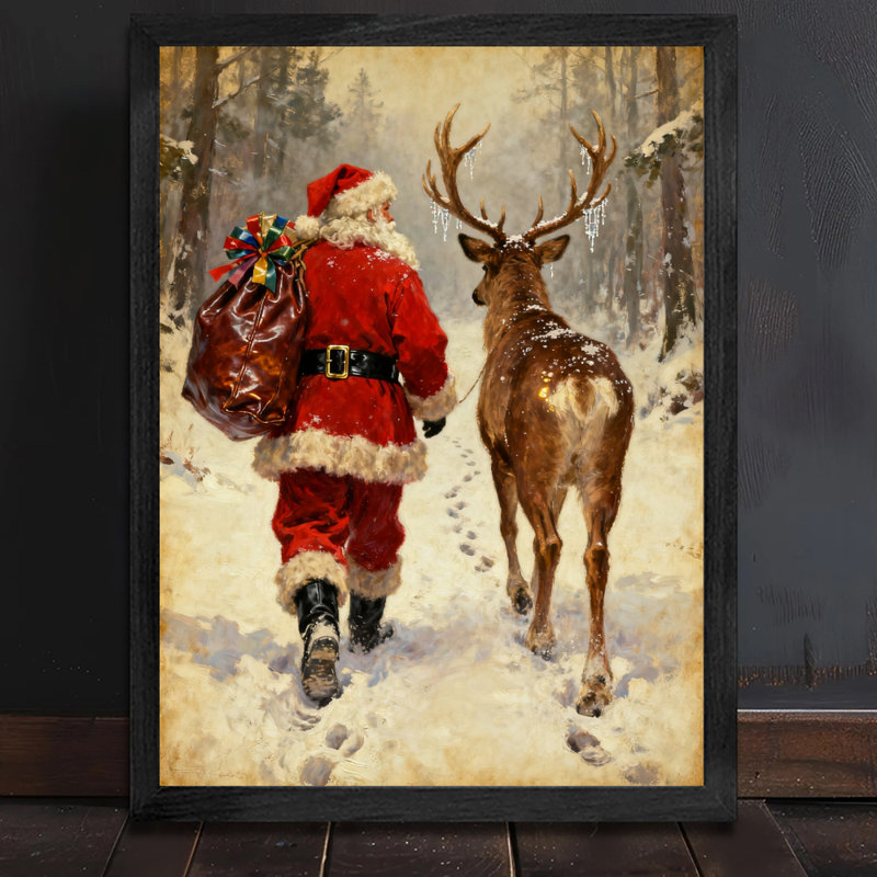 Père Noël rétro noir encadré avec art mural de style rétro, H 11 po x l 9 po