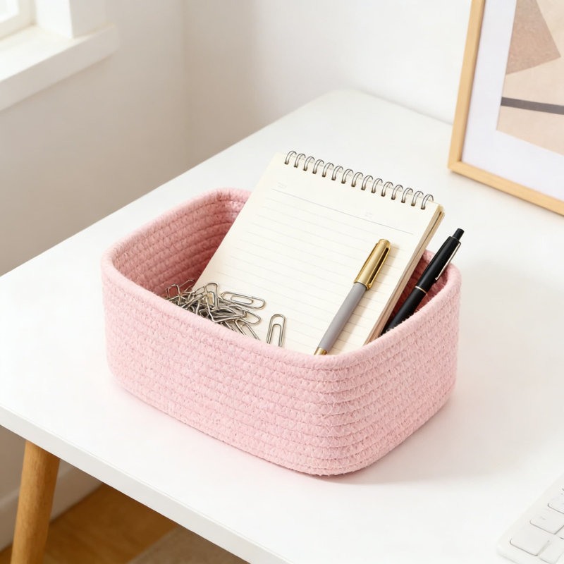 Woven Cotton Storage Baskets Set Of 3, Handmade Organizer Bins For Closet, Shelf, Desk, And Nursery, Decorative Rectangular Baskets For Home Organization