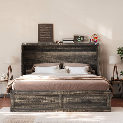 Farmhouse Queen Murphy Bed With Charging Station & Large Storage Drawer, Foldable Hideaway Platform Bed For Guest Bedroom, Living Room, Office, Small Space