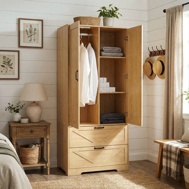 Elysia 2-Door Modern Wardrobe With Induction Light And Moisture-Resistant Particle Board
