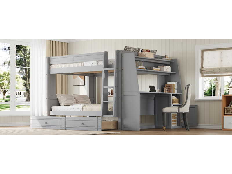 Ivy Wooden Bunk Bed with Desk, Bookshelves & Drawer, Gray