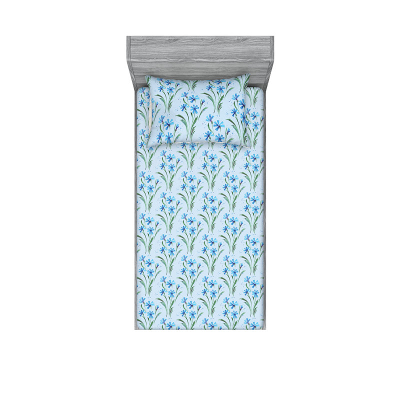 Ambesonne Fitted Sheet & Shams, Sea Blue/Farn Green Flower, Twin Sheet Set with 1 Pillowcase