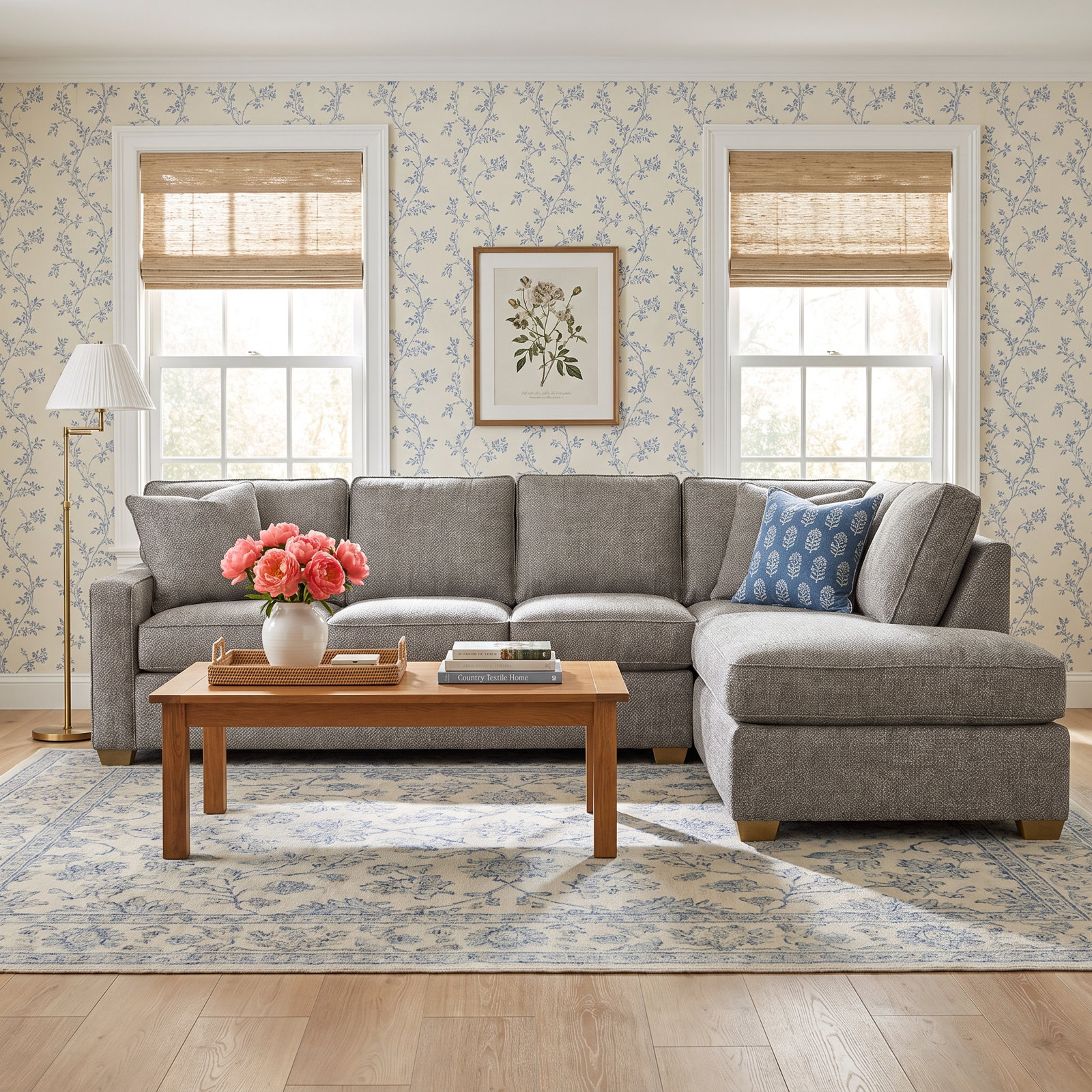 Gramercy Park Sofa and Chaise, Right Hand Facing, Java Finish, Basic Grey; 0317-83