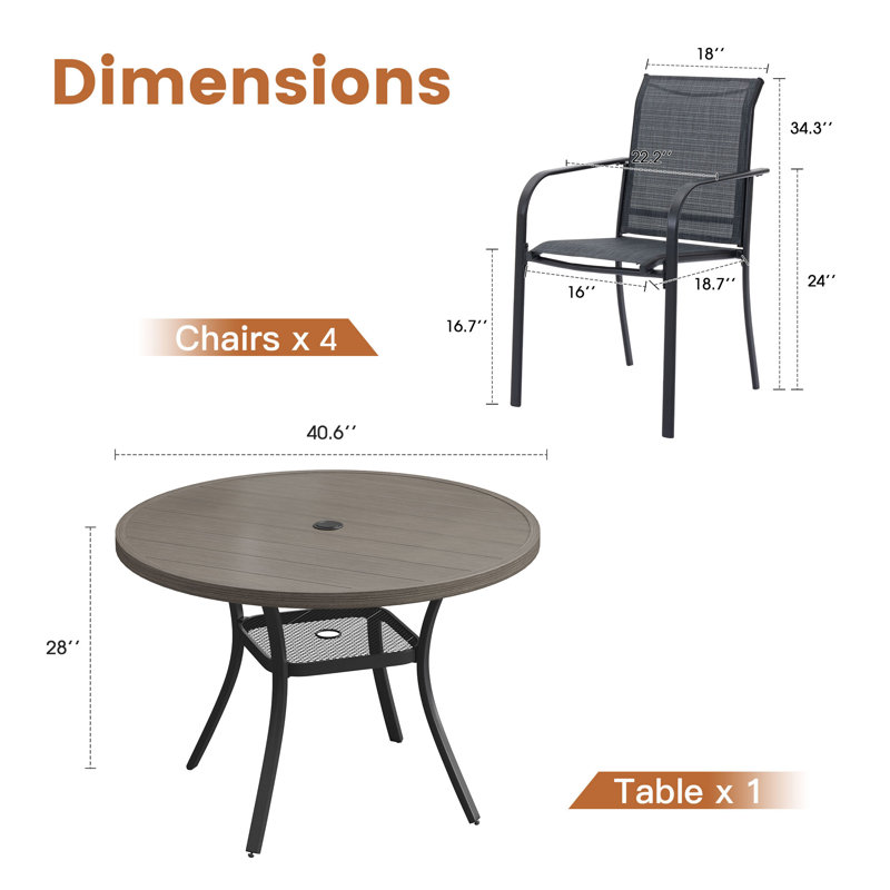 Round 4 - Person Outdoor Dining Set with 4 Stackable PVC-coated polyester Armrest Chairs, Brush Wood Gray/Gray