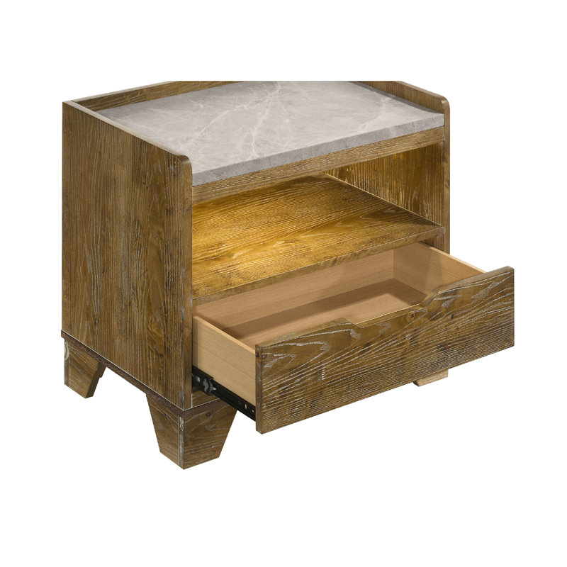 Nolan Nightstand With LED Cubby, Drawer And Marble Top, Brown Wood
