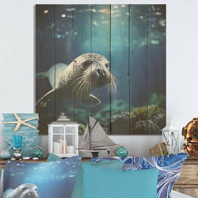 Lions de mer en jeu II - phoque / otarie marine sur bois