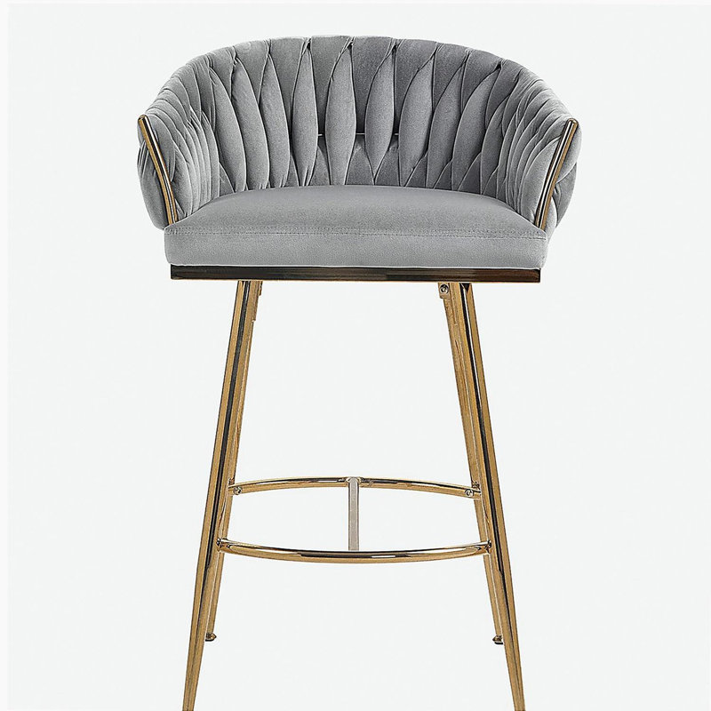 Bar stools Set of 2,velvet kitchen island counter bar stool with hand- wave back, Gray