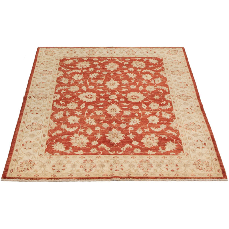 Tapis rouge foncé / crème en laine noué à la main de conception unique 5 pi x 6 pi 9 po Blodgett