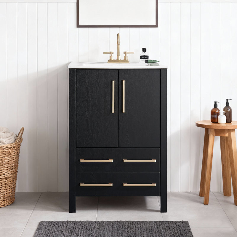 24''Black Modern Free-Standing Single Bathroom Vanity With Ceramic Top