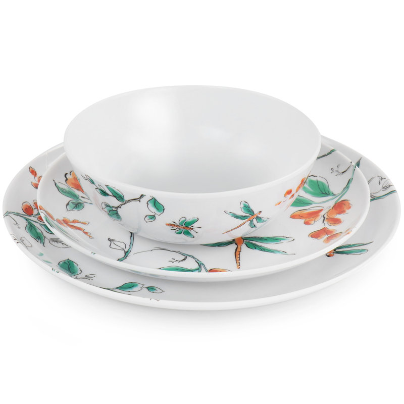 White Floral Dragonfly Melamine Dinnerware Set, Service for 4