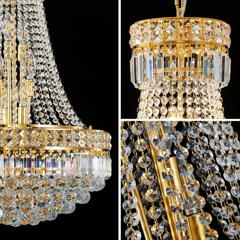 24 Inch Gold Six Tier Crystal Empire Chandelier with Cascading Beads for Grand Living Dining and Foyer Ambiance