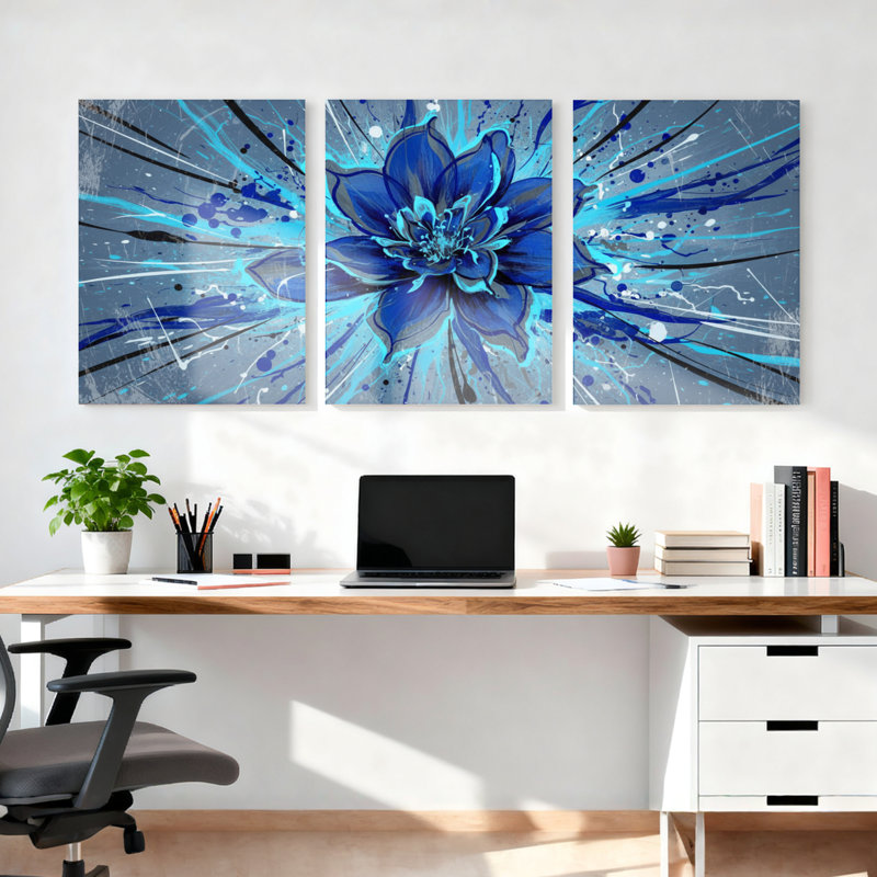 Ensemble de 3 tableaux abstraits à motif floral bleu sur toile tendue, H 36 po x l 72 po