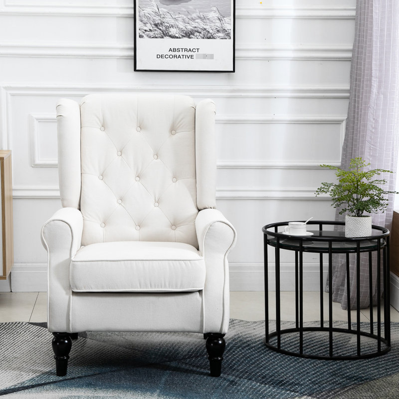 Fauteuil à boutons de couleur crème, pieds carrés, pour chaise de salon avec base blanche et base stable