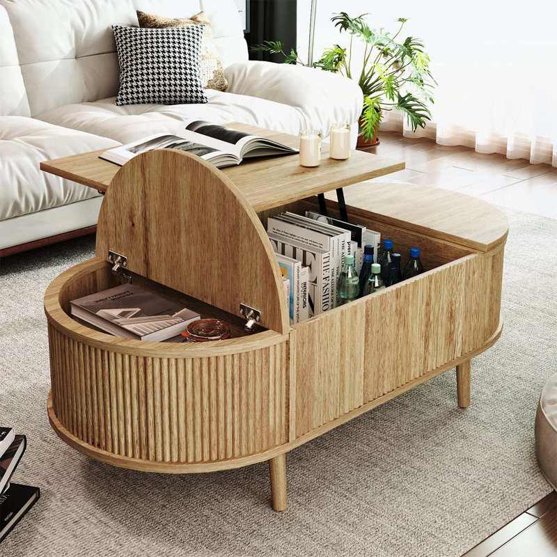 Table basse ovale à plateau relevable avec rangement dissimulé, parfaite pour les espaces de vie modernes et polyvalents.