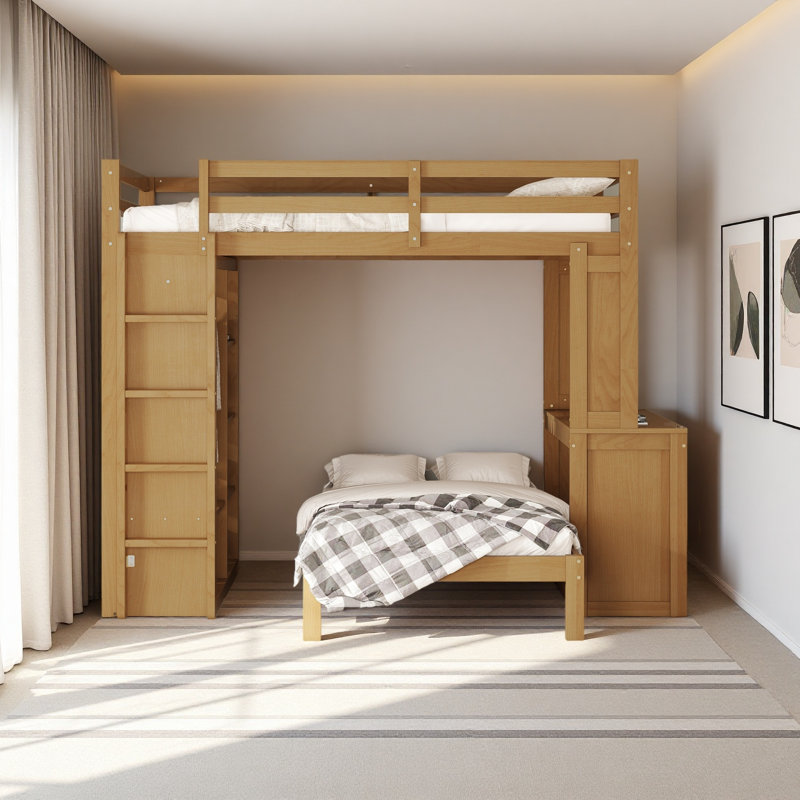 Structure de lits superposés en bois massif avec tablettes intégrées et garde-robe, pouvant être convertie en lit mezzanine