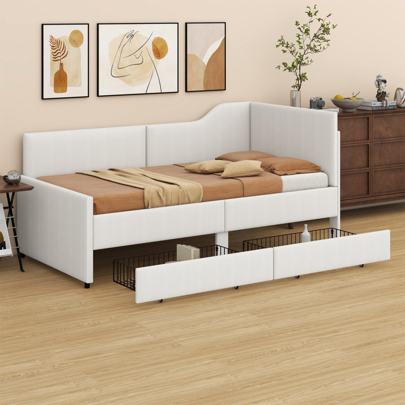 Lit de jour en L, structure de lit tapissier avec 2 tiroirs de rangement, Beige