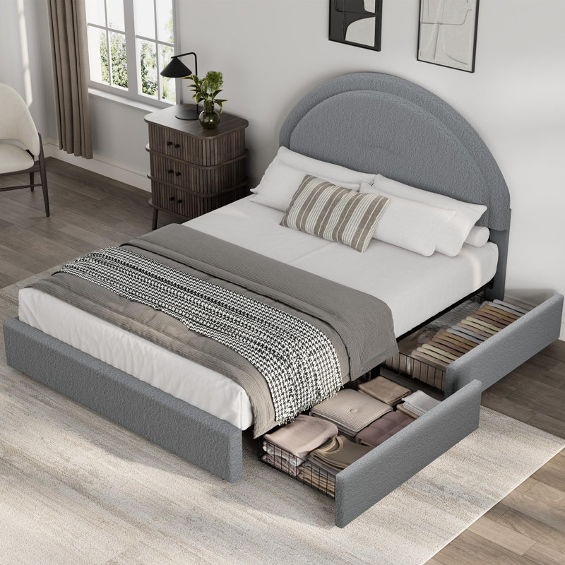 Base de lit tapissier avec 2 tiroirs de rangement Modern, Gris, Grand lit