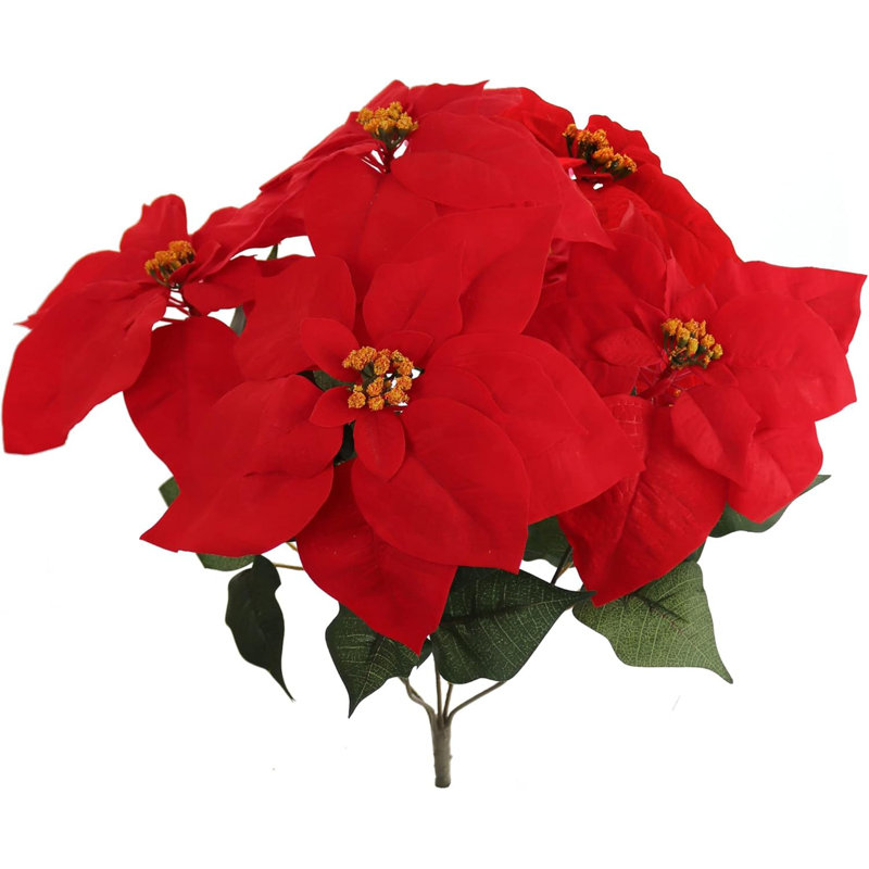 Buisson de poinsettia en velours artificiel, 20 po, intérieur, 7 fleurs de soie réalistes et feuillage vert, paquet de 4, rouge