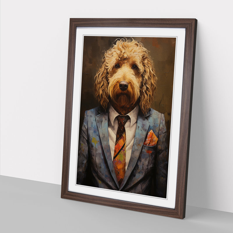 Labradoodle In A Suit Painting No.4 - Single Picture Frame Print on Wood, Walnut Framed, 46cm H x 34cm W x 2cm D