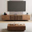 Meuble télé et table basse rétractable avec rangement, finition grain de bois