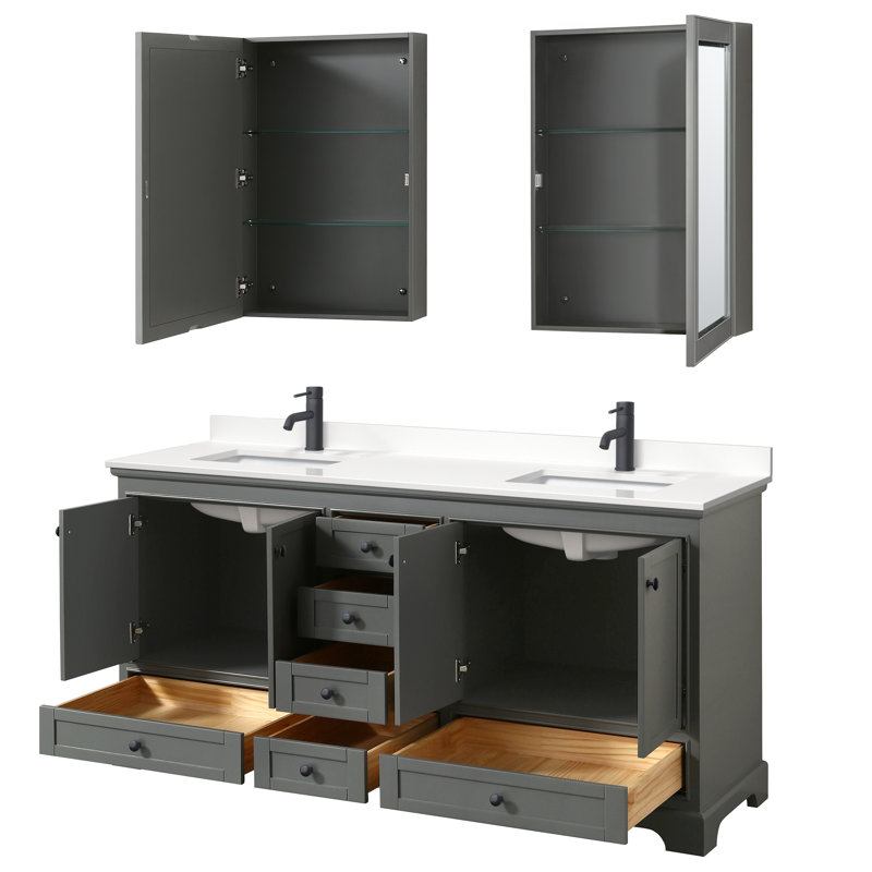 Deborah Double Bathroom Vanity with Quartz Top, White Quartz, Polished Chrome, Dark Gray