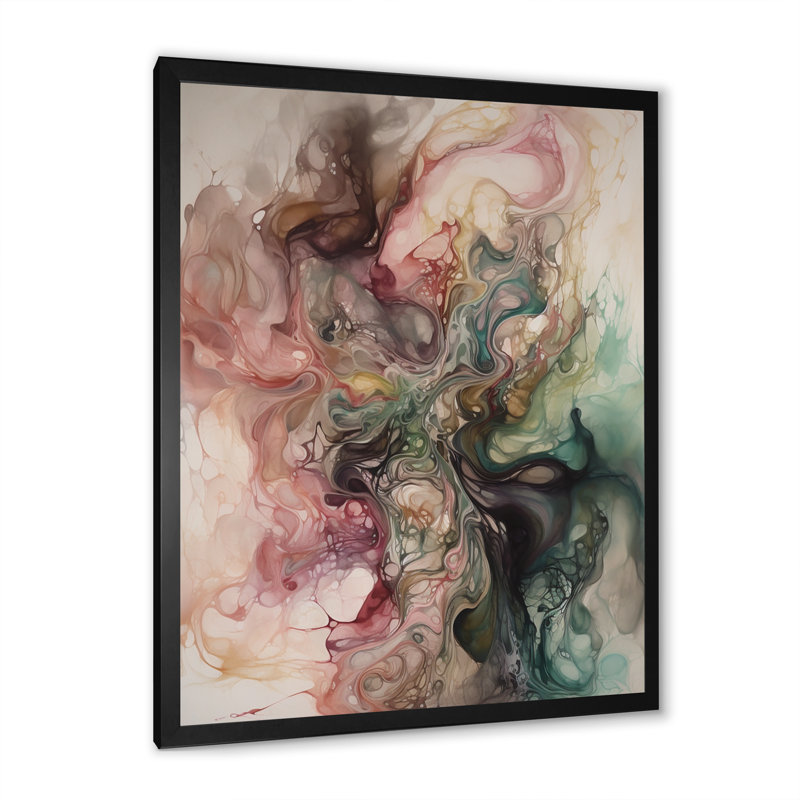 Rose, vert, monde intérieur de marbre I - art mural abstrait géométrique, Cadre photo noir, H 44 po x l 34 po x P 1,5 po