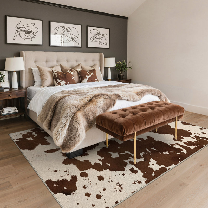 Terra Vintage Cow Print Machine Washable Beige / Brown Indoor Area Rug with Non-Slip Backing, Rectangle 8' x 10'