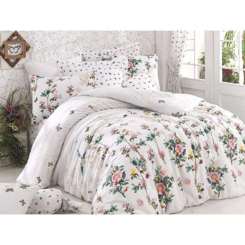 Ensemble de housse de couette en mélange de coton blanc / saumon / vert / jaune Dewsbury