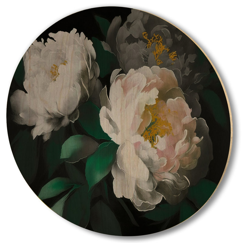 Pivoine blanche sur fond noir I - Art mural en bois pivoine florale - Bois de pin naturel, H 36 po x l 36 po x P 1 po