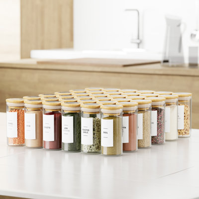 36-Piece Spice Jar Set with Bamboo Lids and Labels, 4oz Glass Bottles, Minimalist Farmhouse Stickers, Funnel, and Seasoning Containers for Spice Racks, Cabinets, and Drawers