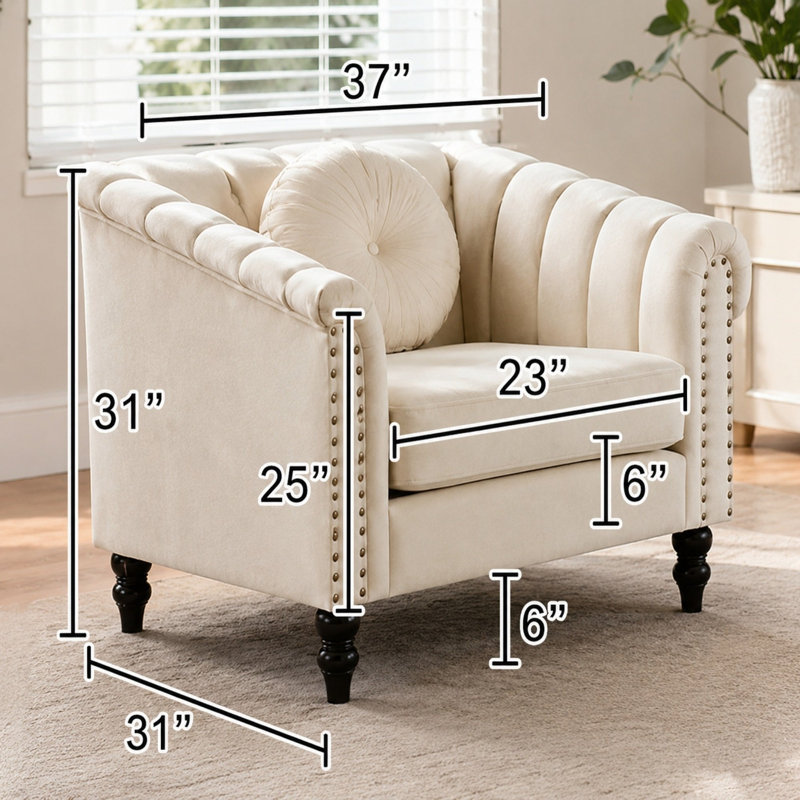 Fauteuil d'appoint tonneau en velours beige avec dossier capitonné, garniture cloutée et pieds tournés en bois, 1 Seat