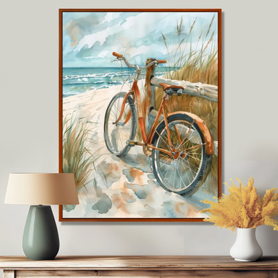 Vélo orange sur le sentier de la plage côtière - salon d'art mural côtier