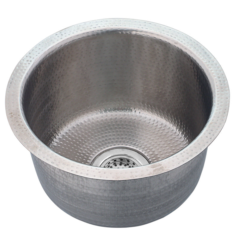 Brightwork 15-Inch Hand Hammered Round Stainless Steel Bar Sink, Matte Satin Stainless