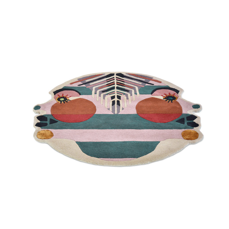 Geometric Area Rug in Teal/Red/Pink/Ivory, Round 6'7"