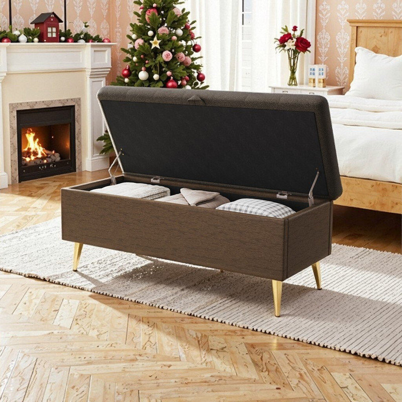 44.7L x 17.9W x 19.3H Upholstered Storage Ottoman Bench With Boucle Fabric And Metal Legs, Coffee