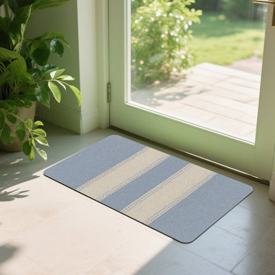 Blue Beige Striped Doormat, 24L x 36W, for Entrance Porch
