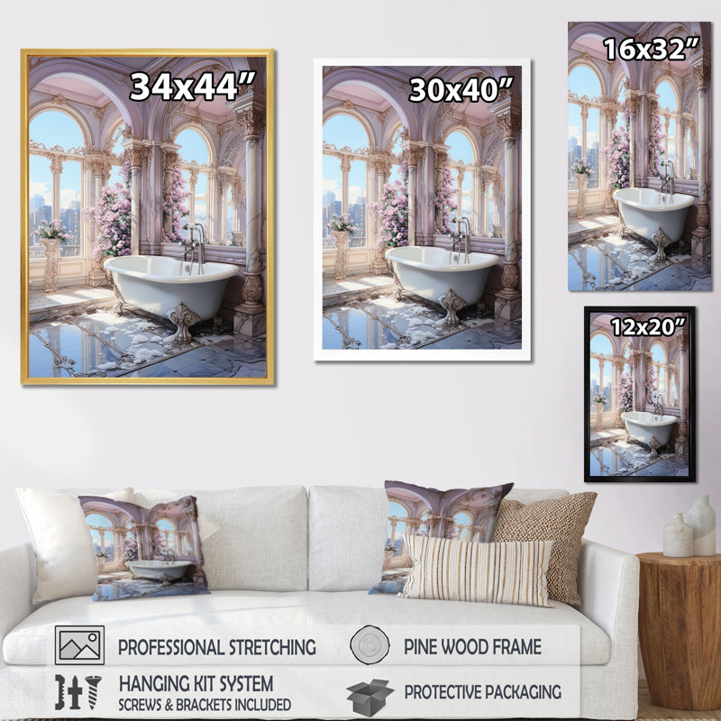 Salle de bain pastel Serenity II - Art mural de salle de bain, H 40 po x l 30 po x P 1,5 po, Cadre flottant blanc